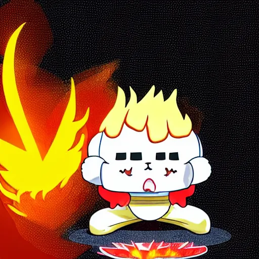 Image similar to kawaii wacky fluffy popcorn with lightning bolt power, yokai, in the style of a manga character, with a smiling face and flames for hair, sitting on a lotus flower, white background, simple, clean composition, symmetrical