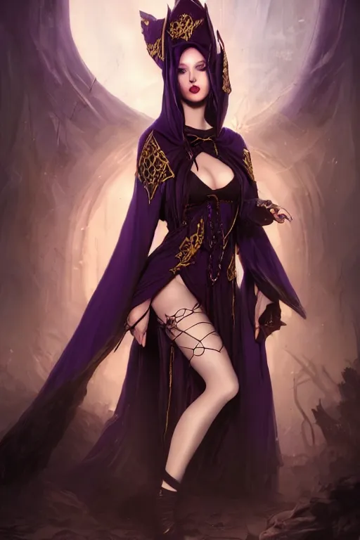 Prompt: Fantasy portrait, Necromancer, female, gorgeous, beautiful face, dark garments, dark pruple robes, gold bracelet, Black cloak from neck to ankles, fishnets pantyhose, kiss, pin-up, shapely toned derriere, matte painting, by WLOP, Frank Franzzeta and Sakimichan, artstation