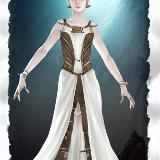 Image similar to goddess, pale, holy, gorgeous, white dress, high fantasy, concept art, Disco Elysium