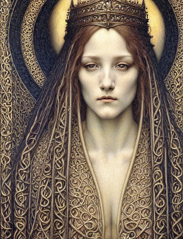 Image similar to detailed realistic beautiful young medieval queen face portrait by jean delville, gustave dore and marco mazzoni, art nouveau, symbolist, visionary, gothic, pre - raphaelite. horizontal symmetry