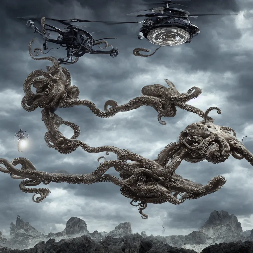 Image similar to organic octopus helicopter flying over a mountainous alien landscape, dramatic sci-fi movie still