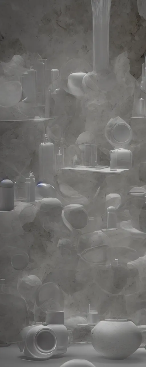 Prompt: an alchemical laboratory of vapour voices made from ceramic vessels, no humans, 8 k, unreal, high resolution