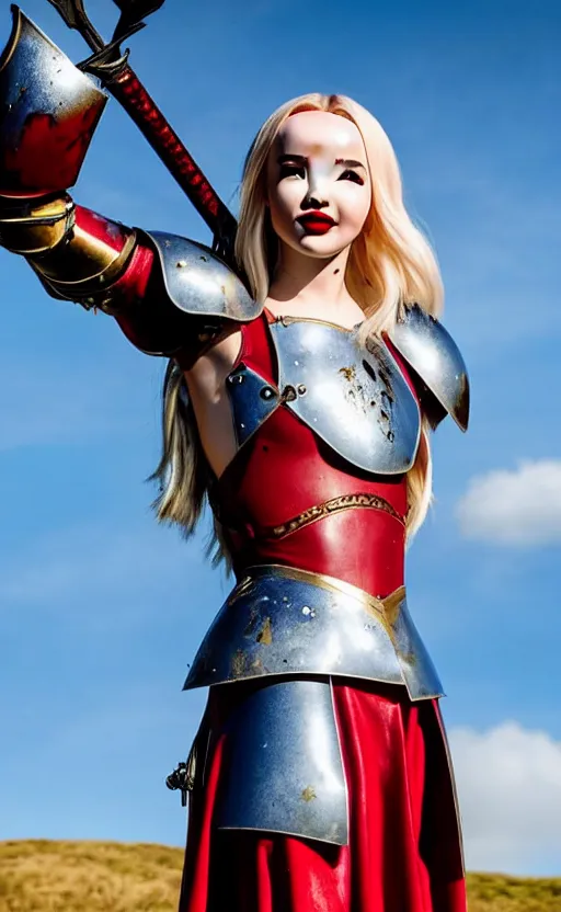 Prompt: dove cameron in a knight armor, full plate, photography, movie poster, red lipstick, leather, blood stains, hair in the wind, shiny metal armor, gold, victorious on a hill, battlefield, blue sky, sunshine, lens flare, hard light, full body, sword pointed at sky