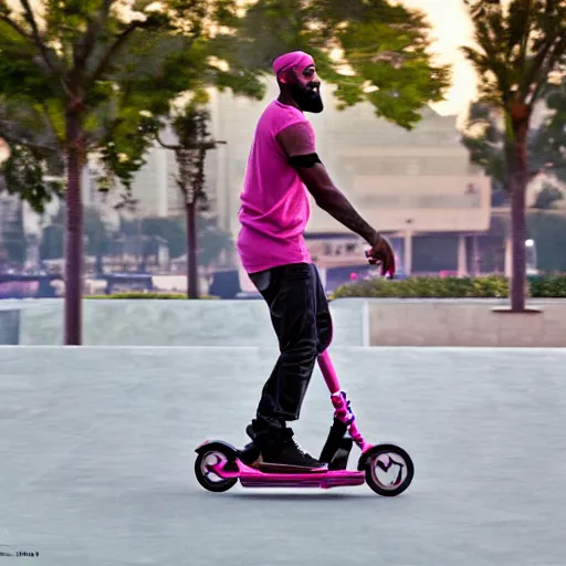 Prompt: paparazzi photo of Lebron James on a pink scooter in a skatepark, ultra high definition, professional photography, dynamic shot, smiling, high angle view, portrait, Cinematic focus, Polaroid photo, vintage, neutral colors, soft lights, foggy, by Steve Hanks, by Serov Valentin, by lisa yuskavage, by Andrei Tarkovsky 8k render, detailed, oil on canvas