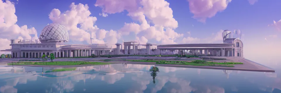 Prompt: beautiful digital illustration of an Art Deco palace in the sky, world of tomorrow, architecture, realistic clouds, pastel color scheme, reflecting pool, concept art, deviantArt, artsation, artstation HQ, HD, 16k resolution, octane, finalRender, Unreal Engine