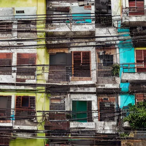 Prompt: overgrown favela detailed street, with wires hanging between windows in rio de janeiro stock photo, hyperrealistic