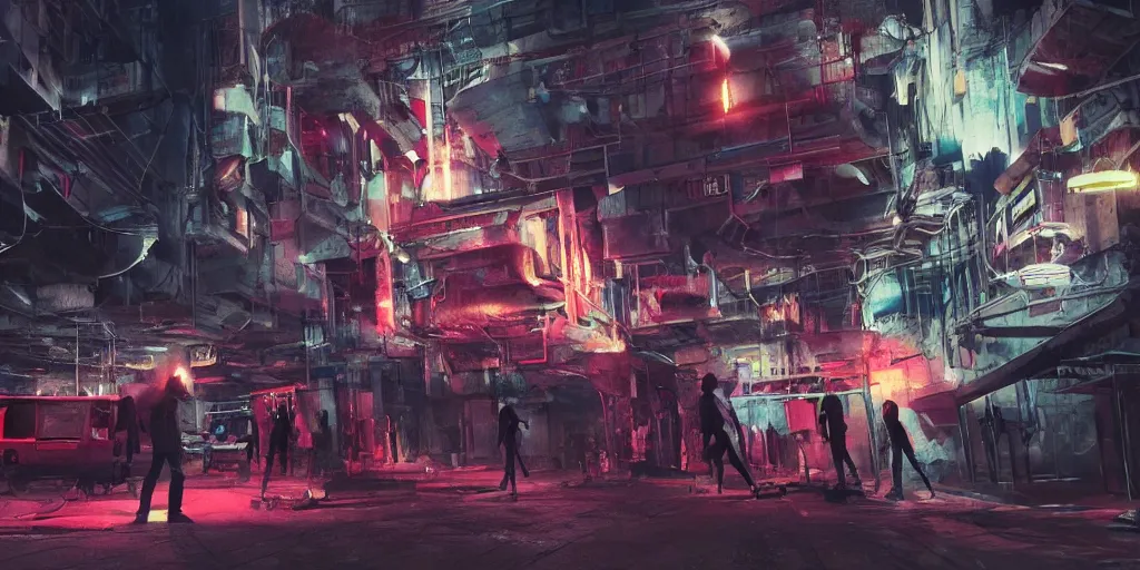 Image similar to cinematic shots of teenagers with tech clothing and hoods and tactical masks doing risky parkour inside the huge industrial sewers of a dystopian city, neon lights, sci - fi, night lights, haze, concept art, intricate, in the style of katsuhiro otomo, akira, unreal engine