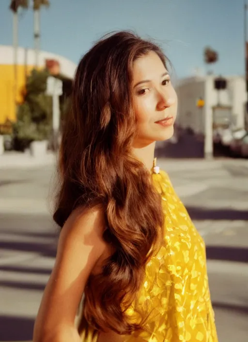 Image similar to portrait of a beautiful brown hair woman in a yellow sun dress in downtown Los Angelas, 50mm lens, Kodak Portra 400 film