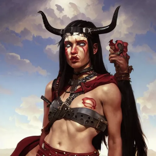 Prompt: portrait of a strong fierce female berber tiefling barbarian with red skin, devil horns and black hair in a ponytail wearing a steel chestplate in a desert, fantasy, highly detailed, digital painting, artstation, concept art, character art, art by greg rutkowski, tyler jacobson, alphonse mucha, ross tran and makoto shinkai