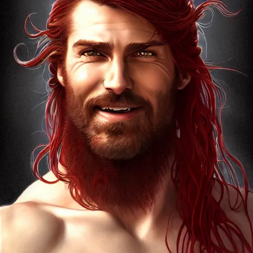 Image similar to portrait of a young ruggedly handsome but joyful pirate, male, muscular, masculine, upper body, red crimson crimson deep red hair, long long flowing hair, fantasy, proud smirk, intricate, elegant, highly detailed, digital painting, artstation, concept art, matte, sharp focus, illustration, art by artgerm and greg rutkowski and alphonse mucha