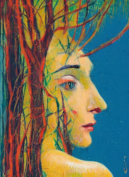 Prompt: an extreme close-up abstract portrait of a lady enshrouded in an impressionist representation of Mother Nature’s trees and the meaning of life by Igor Scherbakov, abstract, thick visible brush strokes, figure painting by Anthony Cudahy and Rae Klein, minimalist vintage cover illustration by Mitchell Hooks