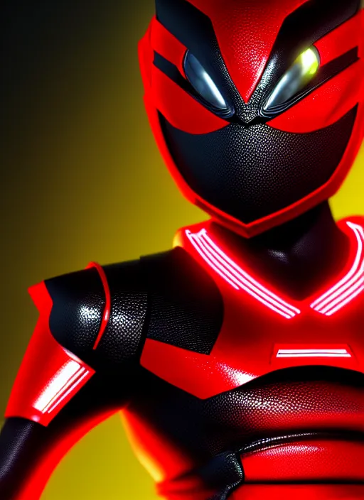 Image similar to kamen rider character, design by shotaro ishinomori, highly detailed, black textured, red glow eye, 4 k, hdr, award - winning, artstation, octane render