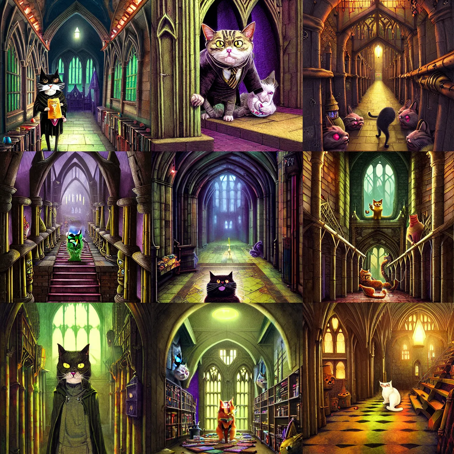 Prompt: Greebo, the angry cat, at a corridor of Hogwarts School of Witchcraft and Wizardry, detailed, hyperrealistic, colorful, cinematic lighting, digital illustration by Paul Kidby