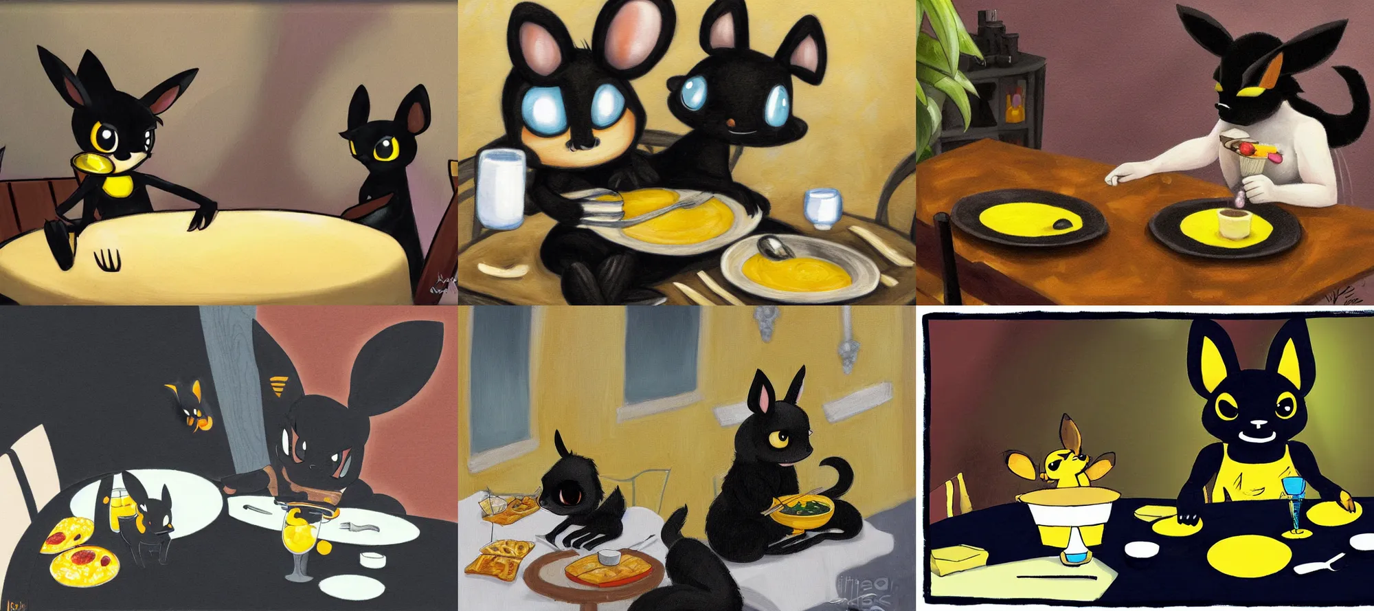 Prompt: umbreon wearing tanktop eating dinner at a table in the backrooms happiness is temporary by daniel velu