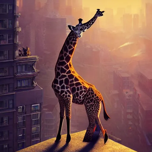 Prompt: a full body painting of a [ giraffe standing on rooftop ], intricate, epic lighting, cinematic composition, hyper realistic, 8 k resolution, unreal engine 5, by artgerm, tooth wu, dan mumford, beeple, wlop, rossdraws, james jean, andrei riabovitchev, marc simonetti, artstation