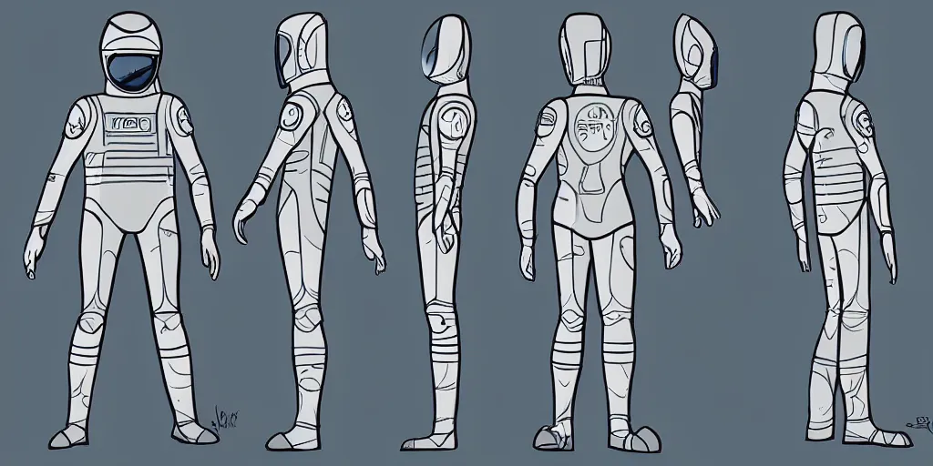 Image similar to male, space suit, large shoulders, short torso, long thin legs, cartoon proportions, tiny feet, character sheet, digital sketch, very stylized, concept design, by jean giraud