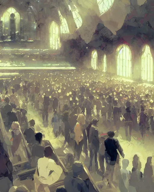 Prompt: craig mullins and ghibli digital illustration of a crowd in a futuristic church, priest, pews, ethereal, inviting, bright, photorealistic, wide shot