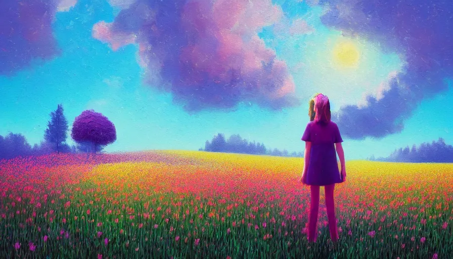 Image similar to girl with an blooming flower face, surreal photography, dream, standing in flower field, hills, big trees, sunrise dramatic light, impressionist painting, colorful clouds and birds in sky, digital painting, pointillism, artstation, simon stalenhag