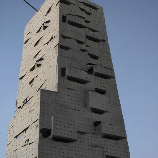 Image similar to a giant brutalist wizard tower built in brutalist architecture, diverse unique building geometry full of shapes and corners, with a narrower base than the top of the tower