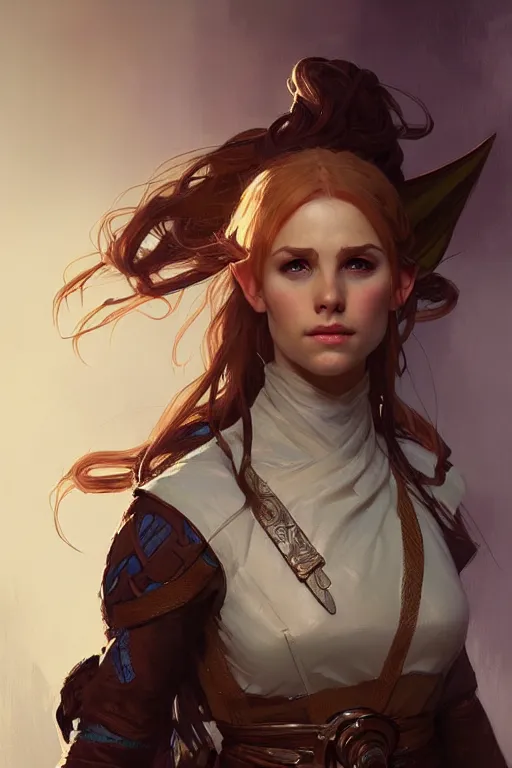 Image similar to portrait of a beautiful fit elf ranger, with fluent cloths, leather armor, by greg rutkowski and alphonse mucha, d & d character, gradient brown to white, autumn background, highly detailed portrait, digital painting, artstation, concept art, smooth, sharp focus illustration, artstation hq