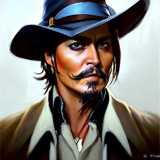 Image similar to greg manchess portrait painting of johny depp as overwatch character, medium shot, asymmetrical, profile picture, organic painting, rainy day, matte painting, bold shapes, hard edges, street art, trending on artstation, by huang guangjian and gil elvgren and sachin teng