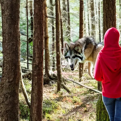 Image similar to in the forest, a timber wolf watches a blonde teenage girl wearing a red hoodie