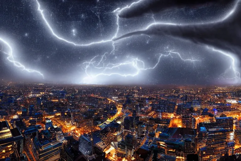 Prompt: low angle shot of a near-future city with dark thick storm clouds in the sky. The massive thin ring-shaped spaceship is encircling the entire city. Through center of the ring spaceship you can see thousands of beautiful stars. Nighttime, realistic, HDR, 4k photo gigapixel