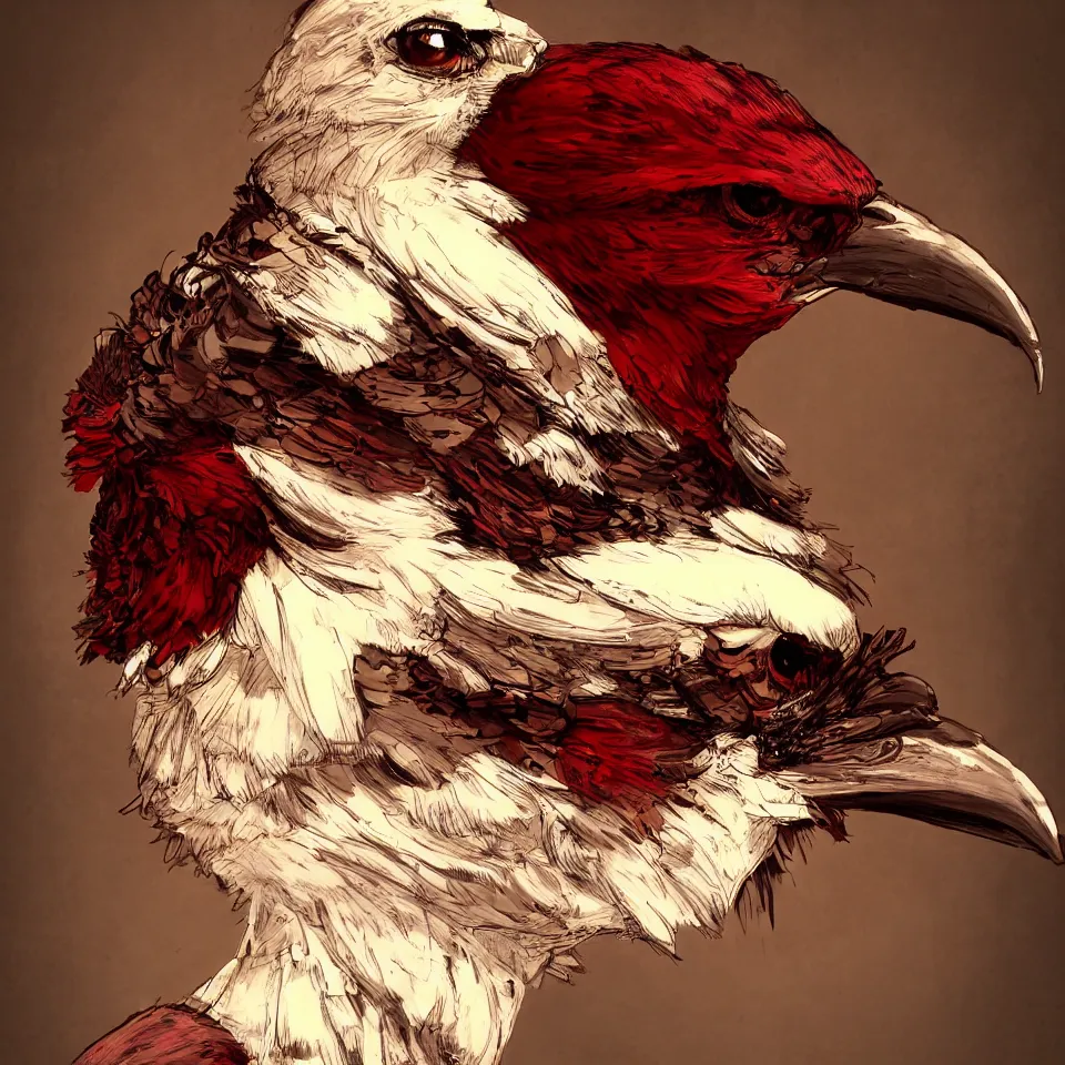 Prompt: a detailed concept art steampunk of a bust bird, gradient dark red, cream and white color scheme, dynamic lighting, cinematic, epic composition, masterpiece