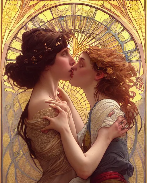 Image similar to the kiss | highly detailed | high coherence!! | very intricate | art nouveau | gold filigree | romantic storybook fantasy | soft cinematic lighting | award - winning | painted by mandy jurgens and alphonse mucha and alena aenami | pastel color palette | featured on artstation