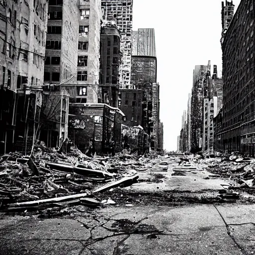 Image similar to photo of abandoned destroyed New York city street at night after the war between humans and AIs, film grain, soft vignette, Canon EOS Digital Rebel XTi, 100-300mm Canon f/5.6, Exposure time: 1/160, ISO 400