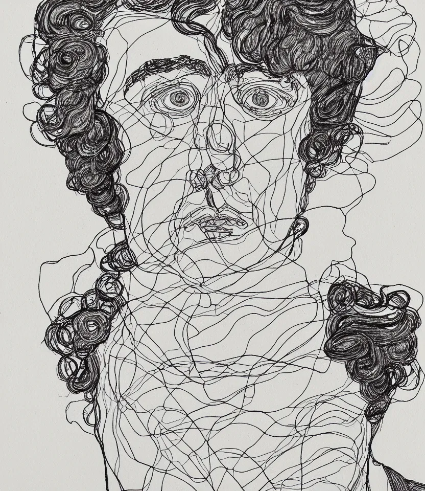 Prompt: elegant line art portrait of evard grieg. inspired by egon schiele. contour lines, musicality, twirls, curls and curves, strong personality, staring at the viewer