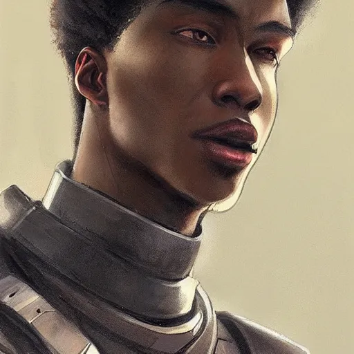 Image similar to portrait of a man by greg rutkowski, he is about 2 0 years old, mixture between afroamerican and japanese, afro hair, young, very tall and slender, he is wearing a futuristic police gear, highly detailed portrait, digital painting, artstation, concept art, smooth, sharp foccus ilustration, artstation hq