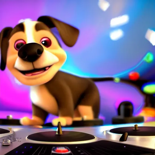 Image similar to puppy as a happy DJ, 8k, by Pixar