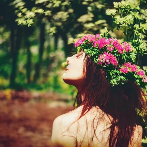 Image similar to cinematic medium shot of a woman body made completely of plants and flowers, shallow depth of field, garden setting