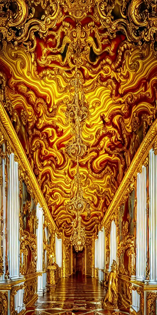 Prompt: the source of future growth dramatic, elaborate emotive Baroque and Rococo styles to emphasise beauty as a transcendental, seamless pattern, symmetrical, large motifs, rainbow liquid splashing and flowing, Queen Catherine's palace, St. Petersberg, Amber room 8k image, supersharp, spirals and swirls in rococo style, medallions, iridescent black and rainbow colors with gold accents, perfect symmetry, High Definition, sci-fi, Octane render in Maya and Houdini, light, shadows, reflections, photorealistic, masterpiece, smooth gradients, high contrast, 3D, no blur, sharp focus, photorealistic, insanely detailed and intricate, cinematic lighting, Octane render, epic scene, 8K