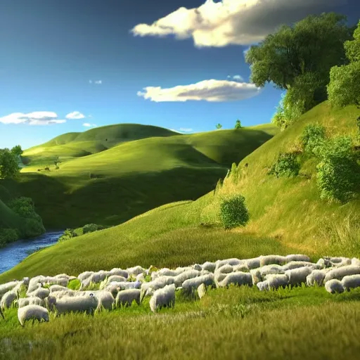 Prompt: A beautiful, serene landscape of a rolling green hill and a river running through it, with a few sheep grazing in the distance, rendered in unreal engine 4, with a 4k resolution and a beautiful bloom effect.