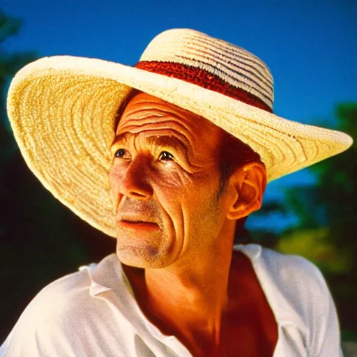 Image similar to A closeup film photography of an Alien wearing straw hat, photo bySlim Aarons, award winning, 4K