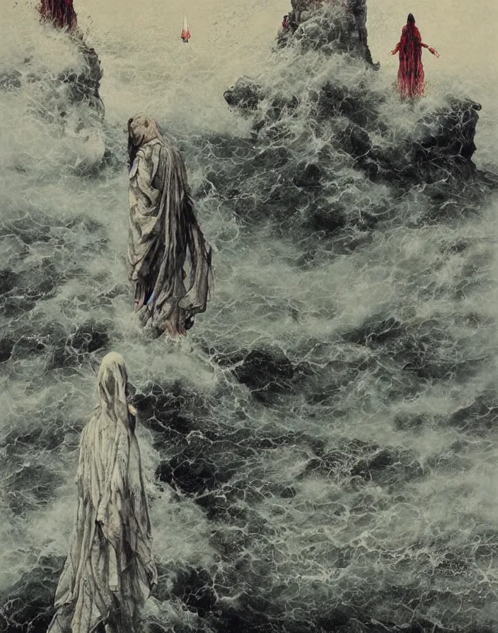 Prompt: worshippers in tattered robes belonging to the cult of the lighthouse standing in waves, a lighthouse, high detailed beksinski painting, part by adrian ghenie and gerhard richter. art by takato yamamoto. masterpiece, deep dark colours