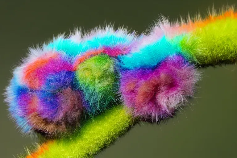 Image similar to an amazing fluffy caterpillar with psychedelic colors, macro photography, fiberous hairs and very detailed capture photography 8 k, sony, nikkon, cannon