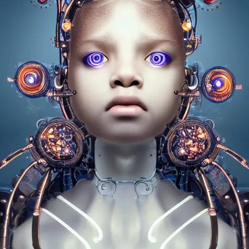 Prompt: stunning hyperdetailed upclose symmetrical portrait of 1 4 year old african cyborg girl with translucent porcelain skin, lush thick hair, big electric eyes, ultra detailed ornate neon wire lacing, ultra detailed steampunk cyborg implants, complex white nano mechanical flowers, micro detail, by satoshi kon, sharp focus, trending on artstation hq, deviantart, pinterest, 8 k