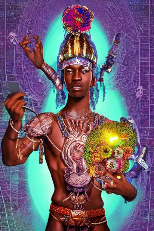 Image similar to opalescent retrofuturistic digital airbrush illustration of an african warrior wearing an ornate gpu headpiece and holding a flower with a map of the collective subconscious in the background by luigi patrignani