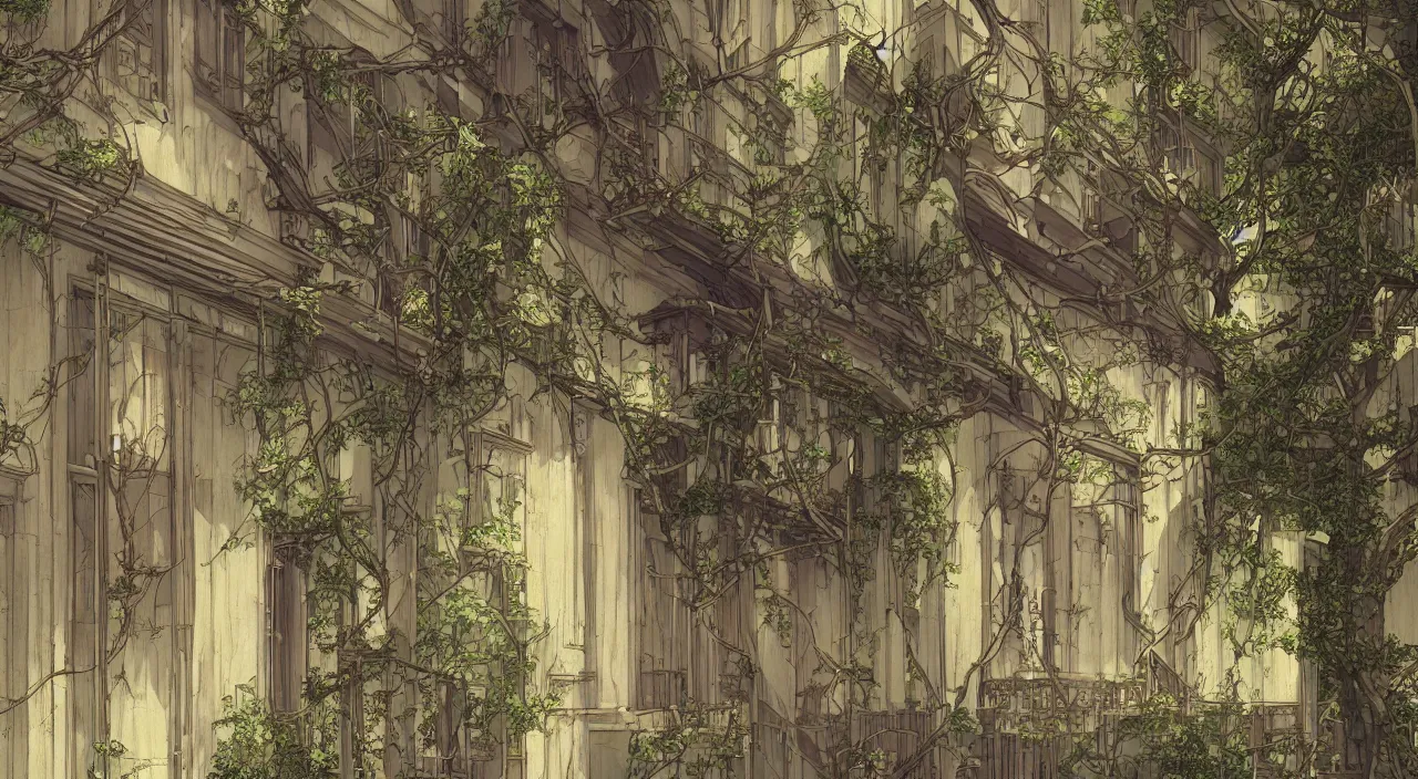 Prompt: house, by akihiko yoshida, ivy, stylized, artstation, atmosphere, by makoto shinkai, hanging vines, photorealistic, baroque, art nouveau, pixiv