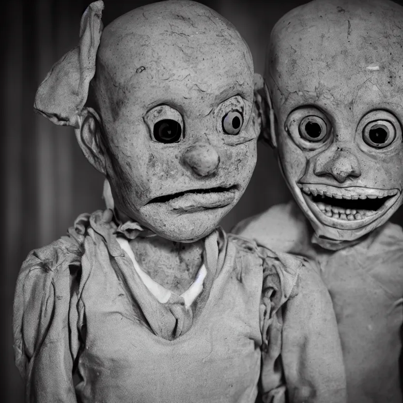 Image similar to creepy ventriloquist dummy in the style of roger ballen, 4 k, bw, portrait