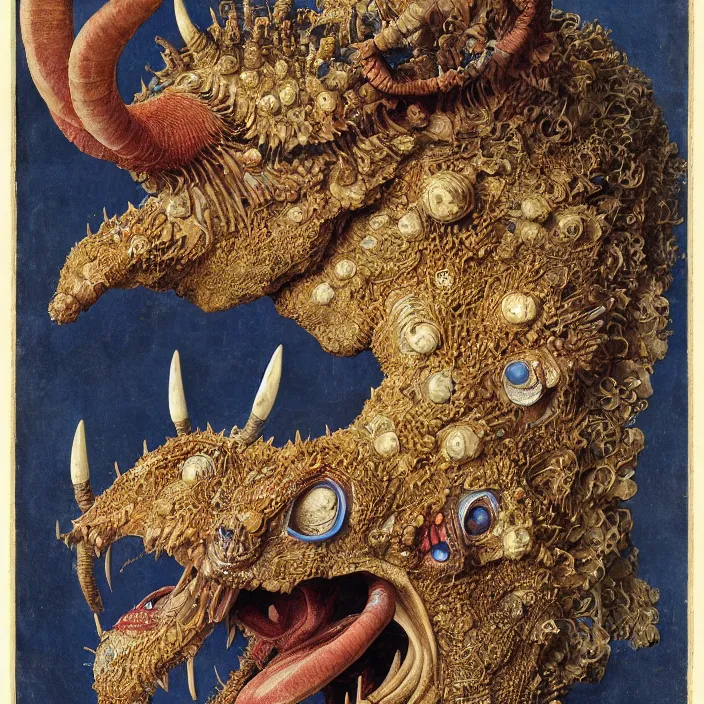 Image similar to close up portrait of a mutant monster creature with four lapis - lazuli eyes, knife - like teeth, round conch fractal horns, insect antennae. jan van eyck, walton ford