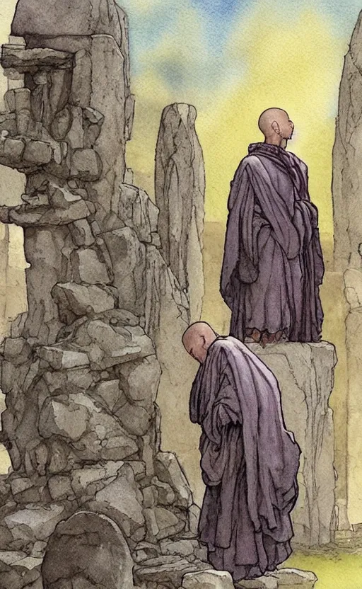 Image similar to a realistic and atmospheric watercolor fantasy concept art of giant monk in grey robes sitting in stonehenge. in the foreground a small female medieval monk in grey robes is kneeling with her hands by her sides. by rebecca guay, michael kaluta, charles vess