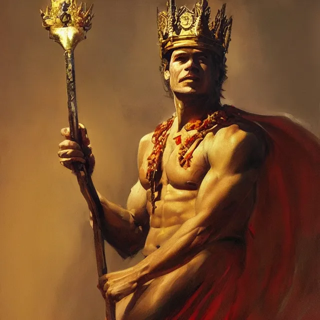 Image similar to an aesthetic! a detailed portrait of a man with a crown, holding a scepter by frank frazetta oil on canvas, dungeons and dragons art, hd, god - rays, ray - tracing, crisp contour - lines, huhd