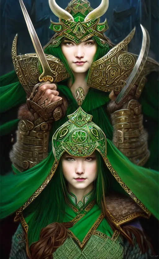 Prompt: emerald viking warrior, regal, elegant, winter, snow, beautiful, stunning, hd, illustration, epic, d & d, fantasy, intricate, elegant, highly detailed, wide angle, digital painting, artstation, concept art, smooth, sharp focus, illustration, wallpaper, art by artgerm and greg rutkowski and alphonse mucha and jin xiaodi