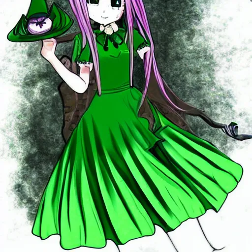 Prompt: “quirky witch in green dress anime style”