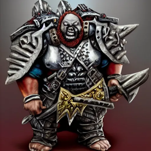 Image similar to ogre warrior wearing plated armor who is holding a battle axe in the style of warhammer fantasy : : head and torso oil painting