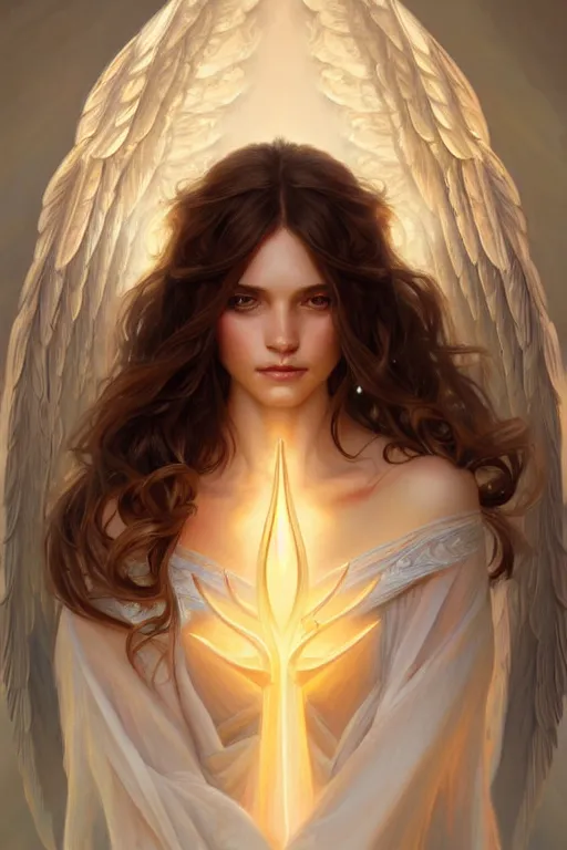 Image similar to Angel portrait, fantasy, amber eyes, face, long hair, intricate, elegant, highly detailed, digital painting, artstation, concept art, smooth, sharp focus, illustration, art by artgerm and greg rutkowski and alphonse mucha